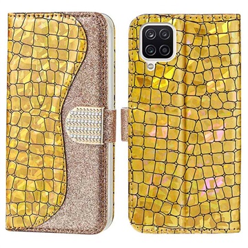 Croco Bling Series Samsung Galaxy A12 Lommebok-deksel - Gull