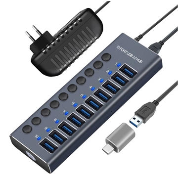 10-porters USB 3.0 Hub med individuelle strømbrytere - Grå