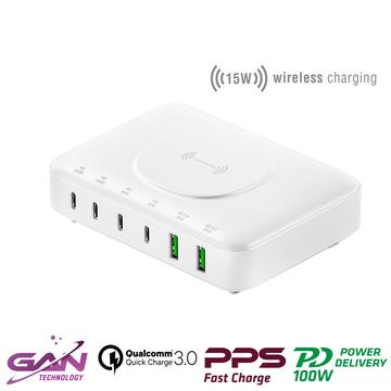 4smarts 7-i-1 GaN-ladestasjon - 100W, 4x USB-C, 2x USB-A - Hvit