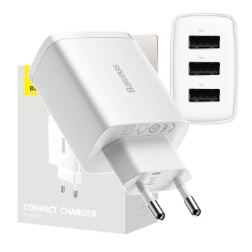 Baseus kompakt hurtiglader CCXJ020102, 3x USB, 17W - Hvit