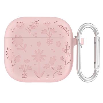 AirPods 4 Etui i flytende silikon med karabinkrok og blomstermønster - Lys rosa