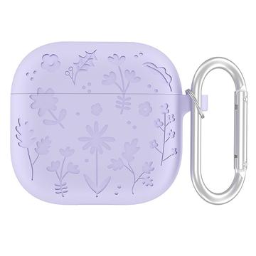 AirPods 4 Etui i flytende silikon med karabinkrok og blomstermønster - lys lilla