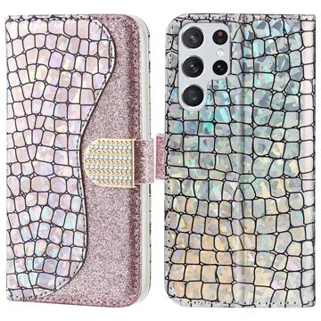 Croco Bling Series Samsung Galaxy S23 Ultra 5G Lommebok-deksel - Roségull