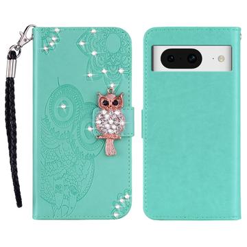 Google Pixel 8 Ugle Rhinestone Lommebok-deksel med rhinestone - Cyan