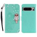 Google Pixel 8 Pro Ugle Rhinestone Lommebok-deksel med rhinestone - Cyan