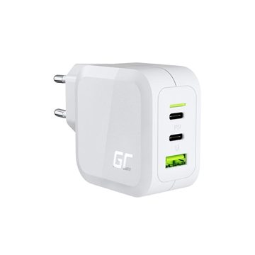 Green Cell GC PowerGaN 65W lader - 2x USB-C strømforsyning og 1x USB-A, Quick Charge 3.0-kompatibel - hvit