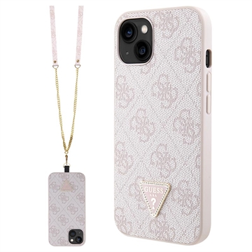 iPhone 15 Guess 4G Strass Triangle Metal Deksel med Crossbody-stropp - Rosa