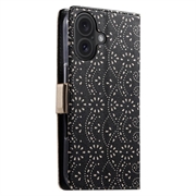 iPhone 16 Plus Lace Pattern Lommebok-deksel - Svart