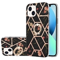 iPhone 15 Marble Pattern IMD TPU-deksel med Ringholder - Svart