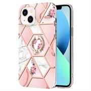 iPhone 15 Marble Pattern IMD TPU-deksel med Ringholder - Rosa / Hvit