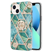 iPhone 15 Plus Marble Pattern IMD TPU-deksel med Ringholder - Grønn