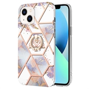 iPhone 15 Marble Pattern IMD TPU-deksel med Ringholder - Lilla / Hvit