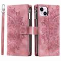 Telefonskall for iPhone 14 Plus, Anti-ripe Mandala Flower Imprinted PU-skinndekselstativ med flere kortspor Glidelåslomme lommebokveske - Rose Gold