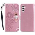 Samsung Galaxy A15 Ugle Rhinestone Lommebok-deksel - Rose Gold