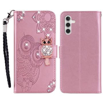 Samsung Galaxy A25 Ugle Rhinestone Lommebok-deksel - Roségull