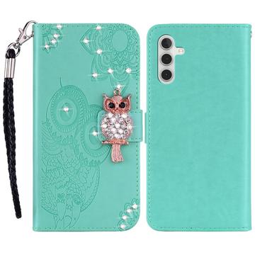 Samsung Galaxy A35 Ugle Rhinestone Lommebok-deksel med rhinestone - Cyan