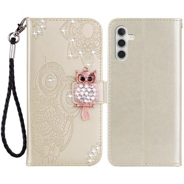 Samsung Galaxy A35 Ugle Rhinestone Lommebok-deksel - gull