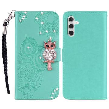 Samsung Galaxy A54 5G Ugle Rhinestone Lommebok-deksel med rhinestone - Cyan