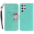 Samsung Galaxy S24 Ultra Ugle Rhinestone Lommebok-deksel med rhinestone - Cyan