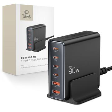 Tech-Protect DC80W GaN 6-porters bordlader med 4x PD USB-C, 2x QC 3.0 USB-A - Svart