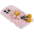 3D Plush Furry Winter iPhone 14 Pro TPU-deksel - Rosa blomst