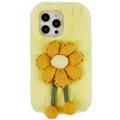 3D Plush Furry Winter iPhone 14 Pro TPU-deksel - Gul blomst