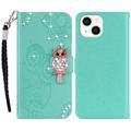 iPhone 15 Ugle Rhinestone Lommebok-deksel med rhinestone - Cyan