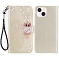 iPhone 15 Ugle Rhinestone Lommebok-deksel - gull