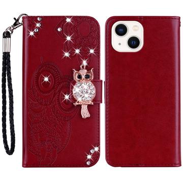 iPhone 15 Plus Ugle Rhinestone Lommebok-deksel - Rød