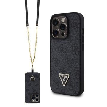 iPhone 15 Pro Guess 4G Strass Triangle Metal Deksel med Crossbody-stropp - Svart