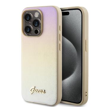 iPhone 15 Pro Guess Iridescent Metal Script Hybrid-deksel - Gull