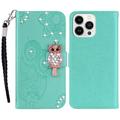 iPhone 15 Pro Ugle Rhinestone Lommebok-deksel med rhinestone - Cyan