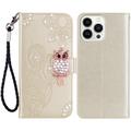 iPhone 15 Pro Ugle Rhinestone Lommebok-deksel - Gull