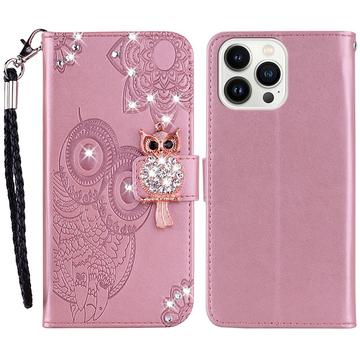 iPhone 15 Pro Ugle Rhinestone Lommebok-deksel - Rose Gold