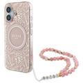 iPhone 16 Guess IML Flowers Allover Electro-deksel med perlearmbånd - MagSafe-kompatibel - Rosa