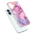 iPhone 16 Marmormønster Galvanisert IMD TPU-deksel - Blå / Rosa